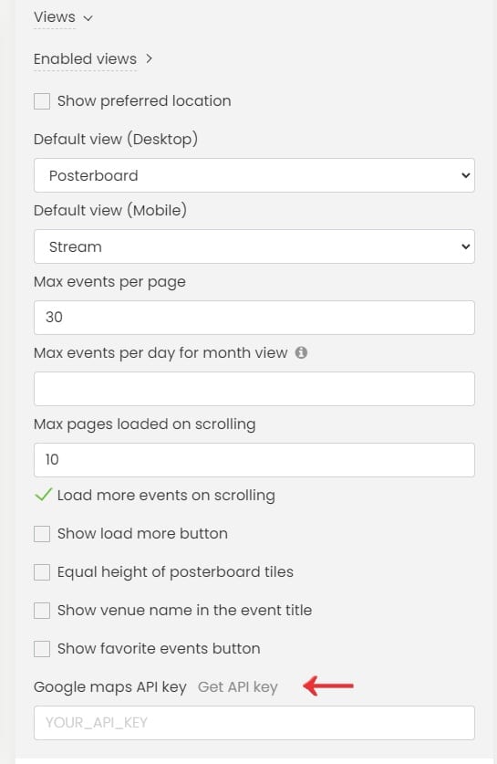 tela de impressão das configurações de visualizações e do campo de chave da API do Google Maps