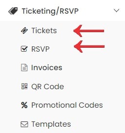 schermata di stampa del menù Ticketing, con i sottomenù Ticket e RSVP