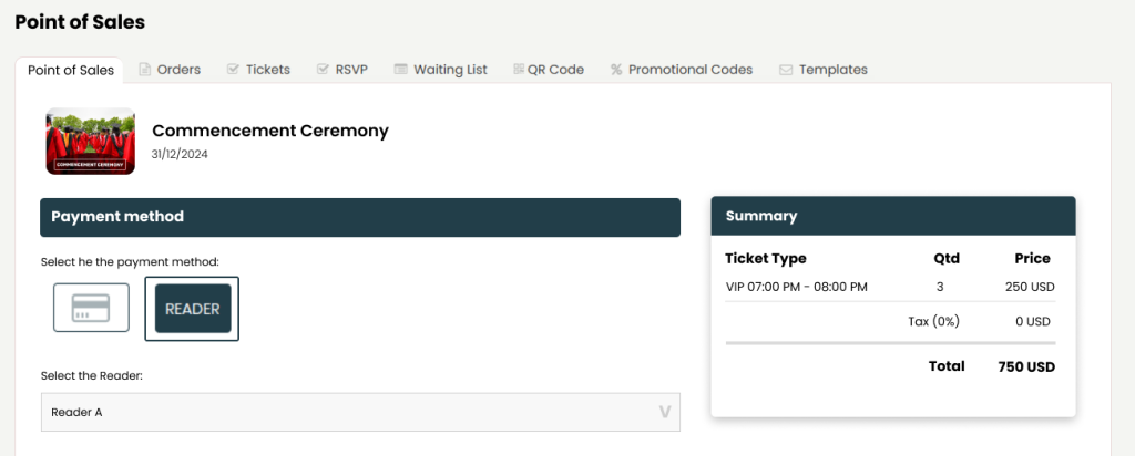 After syncing you will be able to see the Reader option available when processing payments through the Point of Sales (POS) system. 
