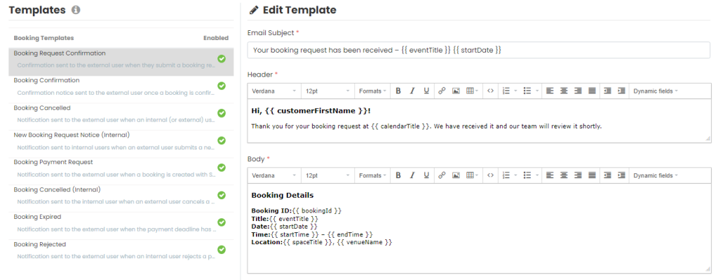 A new section will open on the screen allowing you to edit your template