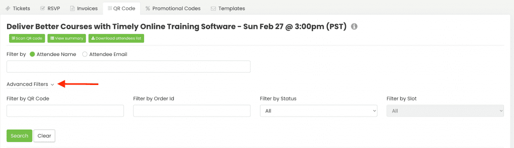 print screen of Timely event platform QR code advanced filters