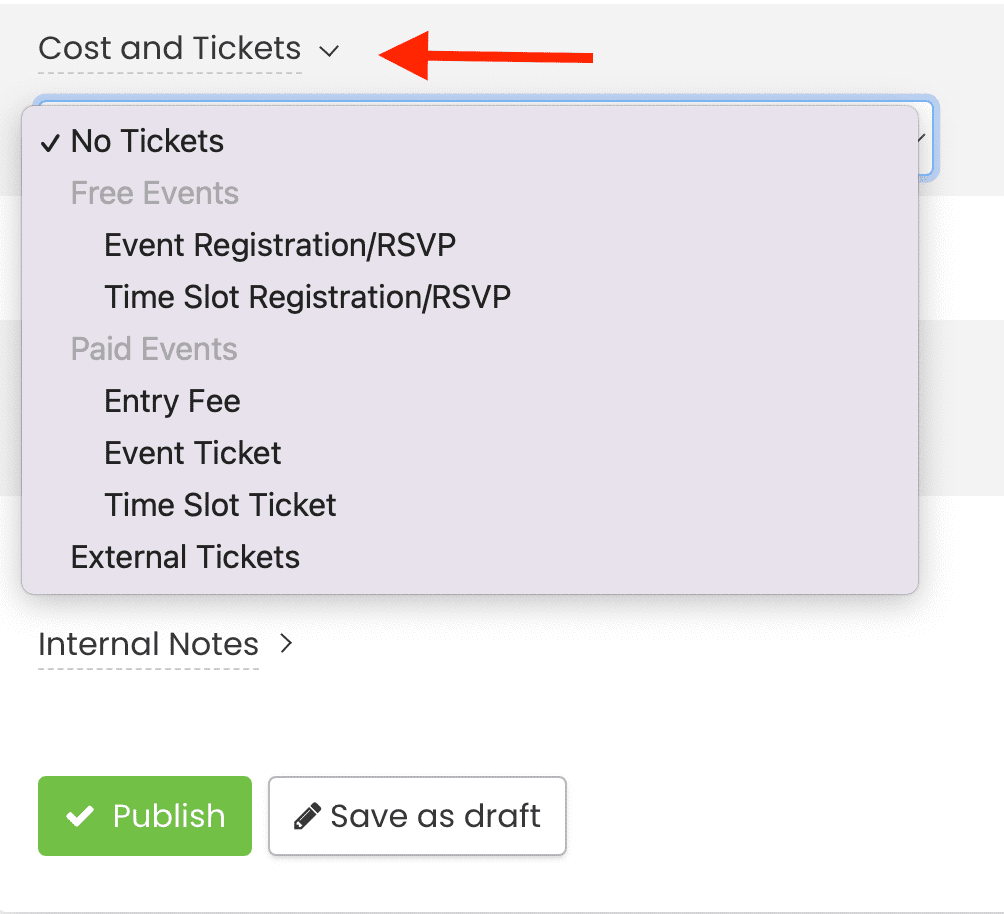 screen shot of Timely event management system Cost and Ticket dropdown selection