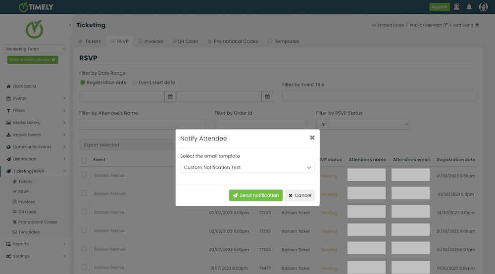 print screen of Timely event management platform showing how to manually send custom notification templates