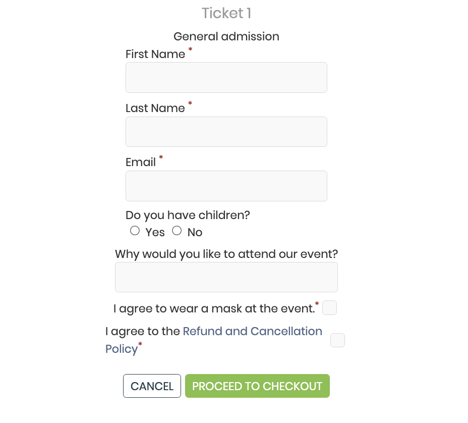 print screen of event booking form with custom questions