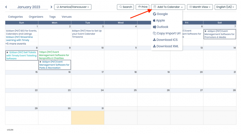 print screen of public event calendar with all the add to calendar options to subscribe to events 