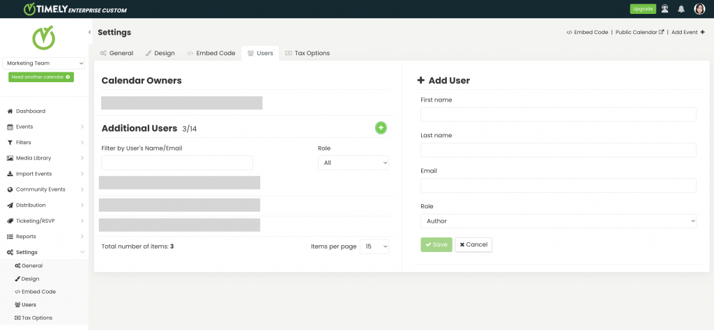 print screen of the add users settings on Timely dashboard