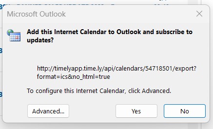 print screen of popup Microsoft window to add calendar to Outlook Calendar and subscribe to updates