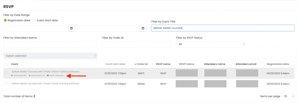 print screen of Timely event management software manually notify attendee button