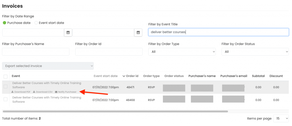 print screen of Timely event management system showing how to notify purchasers