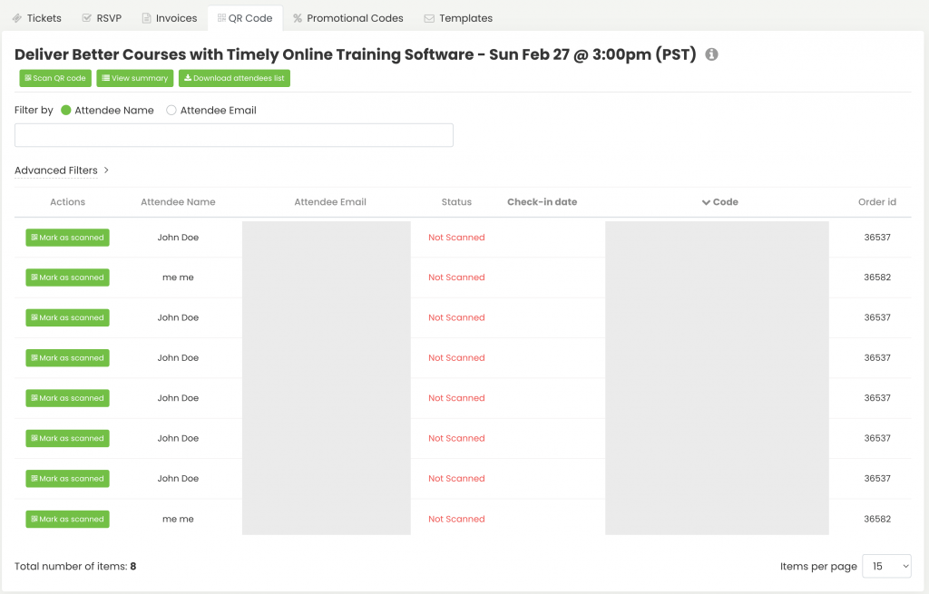 print screen of Timely event platform event page QR code features